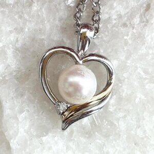 Heart Shaped Faux Cultured Pearl Sterling Silver Vintage Pendant Necklace - 24"